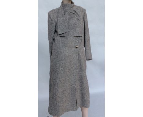 Wool tweed coat and skirt by Jenni Ku, oatmeal herringbone, the wrap skirt size 14 and the coat, with an interesting high col