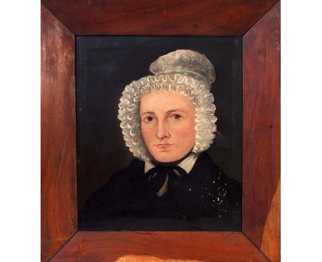 American Primitive School,19th century, Portrait of a Young Lady in a Black Dress with White Collar and Frilled Bonnet, oil o