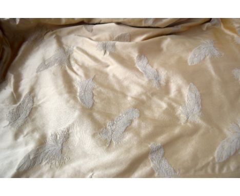 Pair of heavily lined gold curtains with embroidered feather motif each approx 237x450cm 