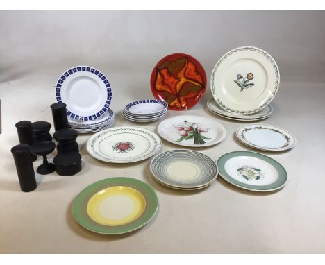 A Poole pottery plate, a Clarice Cliff Radish plate, Susie Cooper plates, Bristol pottery plates and other items 