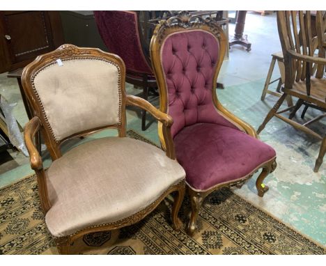 A Button backed open bedroom chair also with an upholstered French style arm chair. 