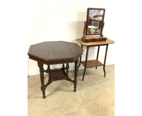 An octagonal table with under shelf with fret cut gallery also with a two tier occasional table and a small swing mirror