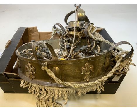A brass ornate vintage light fitting - A/F. Decorated with flour de lis and tassels W:47cm 