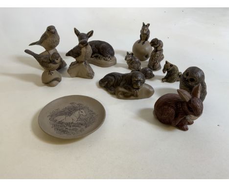 11 Poole Pottery animal figures and a trinket dish comprising birds, mice, an owl, a faun and a rabbit