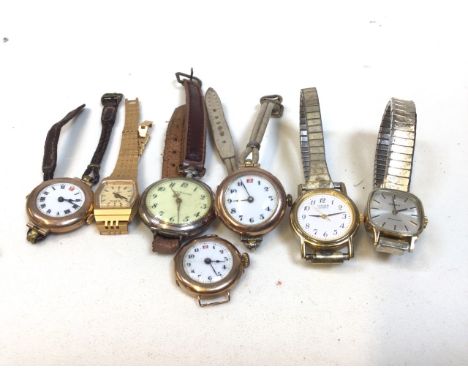 Assortment of ladies watches, 7 total. 3 similar with 375 9ct hallmarked case, one minus strap. Swiss made Union Horlogere fo