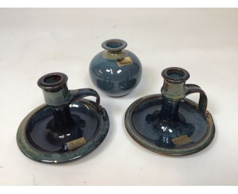 Irish Dingle ceramic vase and pair of candle stands. Good condition. Louis Mulcahy makerâ€™s label. 