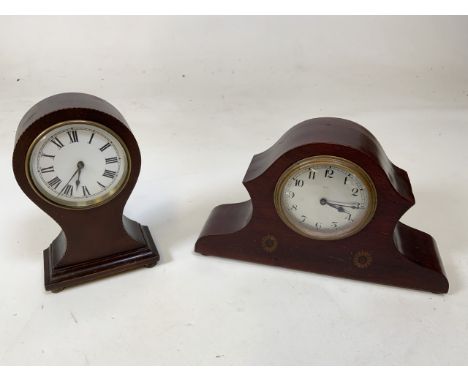 An Edwardian mahogany Ballon mantle clock with outline string in W:12cm x H:20cm also with an 8 day French made inlaid mantle