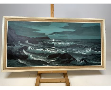 John Hewitt (British, Contmeporary) Seascape, oil on board entitled Newquay Headland. Signed lower left. 