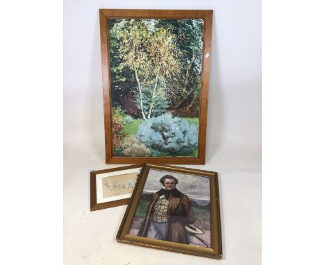 Large original acrylic on board with two prints. Acrylic garden scene signed Averil Gilkes, 1990, one print portrait by Otto 