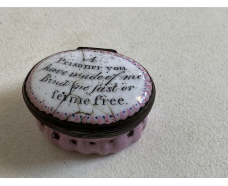 A nineteen century enamel patch pot inscribed with A Prisoner you have made of me. Bind me fast or let me free W:4.5cm 