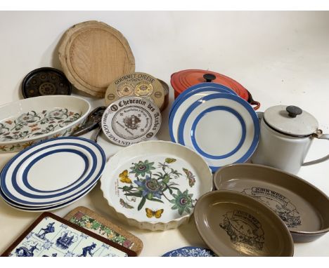 A quantity of kitchenalia including a Le Creuset casserole dish, TG Green and Swinnertons plates, enamel tea pot, Portmeirion