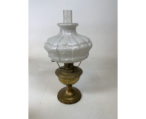 An Aladdin oil lamp with opaque moulded glass shade in art nouveau style W:29cm x H:58cm
