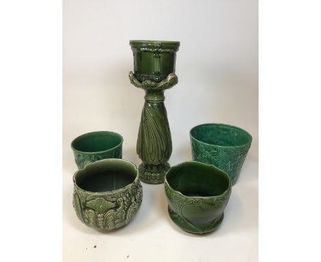 Art Nouveau style jardiniere planter on stand with 4 other planters. Good condition.W:20.5cm x D:20.5cm x H:62.5cm
