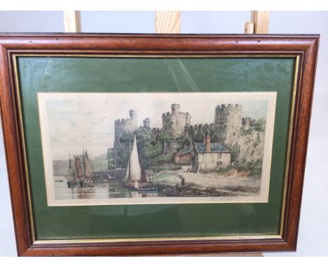 Harry G Walker. Coloured etching of Conway Castle. Signed artists proof exhibited at the Royal Society of Artists, Birmingham