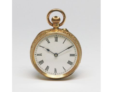 A ladies pocket watch, white enamel dial with Roman numerals, spade and whip hands, engraved case, marked '14K', innner metal