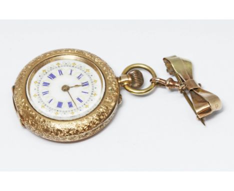 A ladies pocketwatch, engraved case, diam. 34mm, white enamel dial, marked '14K', inner metal dust cover, hallmarked 9ct gold