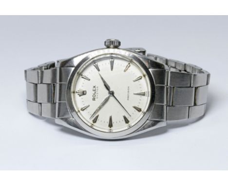A Rolex Oyster Precision stainless steel wristwatch, circa 1955, case diam. 34mm, ref. 6422, silvered dial with dagger hour m