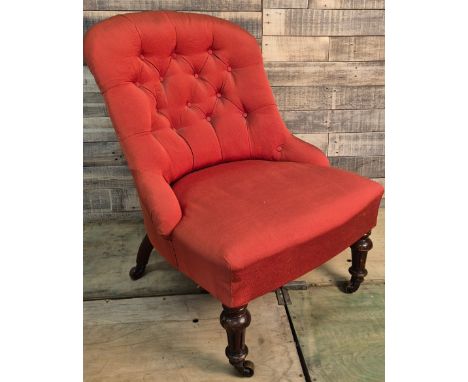 19th century button back nursing chair, mahogany raised legs. [80cm high]
