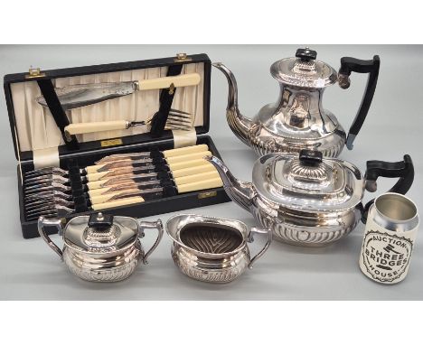Four piece silver plated coffee and tea service. Together with a boxed Fork, knives and serving set.