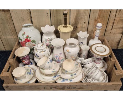 A Crate of collectables; Shelley Art deco tea ware, Greek Key Roman Panelled Decanter, Limoge George Boyer Flower pattern vas