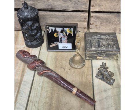 A Collection of Eastern items; Indian deity elephant carved wooden figure, Brass/ bronze figure and bell. Japanese carved sna