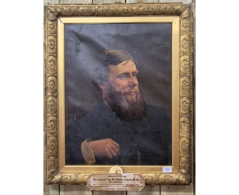 19th century oil on canvas portrait. Fitted within an antique gilt frame. Having a plaque reading "Presented to the Reverend 