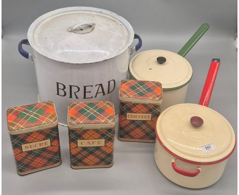 Two vintage enamel lidded cooking pots, Large lidded bread bin and three tartan preserve tins.