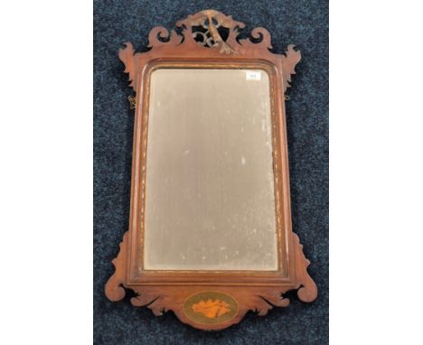 Georgian wall hanging mirror. Mahogany framing with marquetry shell design. hand carved bird finial. Bevel mirror. [91x50cm] 