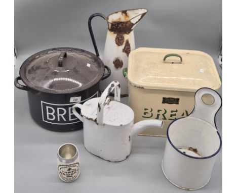 Crate of vintage Enamelled kitchen ware; Lidded bread bin, Water jug, Salt pot, Watering can and one other bread bin