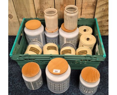 Crate of vintage Kitchenalia; Enamel lidded preserve pots &amp; Hornsea Tapestry pattern preserve pots. 