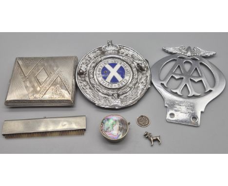 A Selection of collectables; Alpaca silver plated engraved cigarette case, AA Car badge, Pinches London RSAC Car badge, Alpac