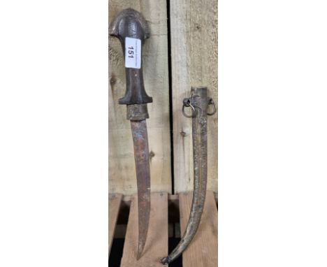Antique Islamic Wood and Brass Dagger; Knife Khanjar style in fitted sheath [42cm length] 