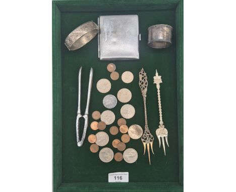 Selection of silver and silver plated items; French Silver ornate pickle fork, Birmingham silver napkin ring, Silver bangle, 
