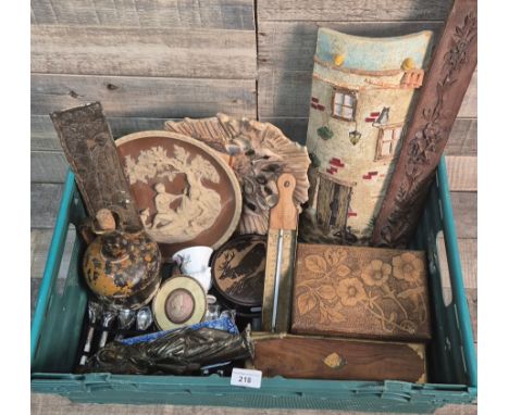 Crate of collectables; Studio pottery plate by Emma Maria- dated 1998, Spanish mixed media tile panel by Carmen. Cameo plate 