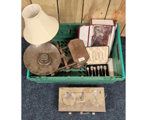 A Crate of collectables; Victorian Kitchen scales, souvenir spoon set &amp; W.A. Webb Ltd art deco jewellery scales.