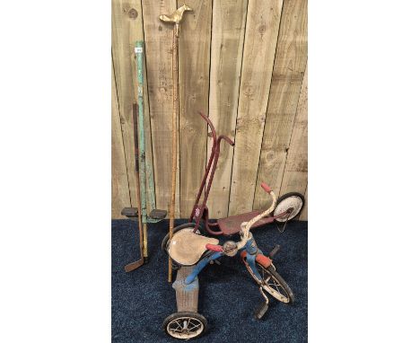 Various vintage collectables; Tri- Ang Trike and Scooter, Pogo stick, Hiking stick and hickory club.