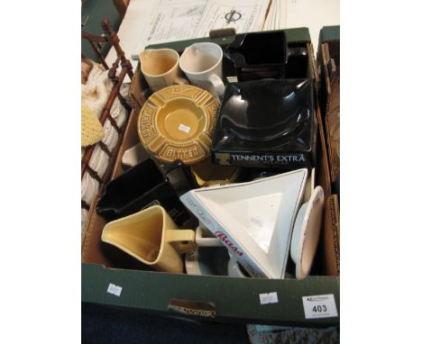 Tray of assorted advertising water jugs, ashtrays etc to include Tennent's extra bass, William Grant's Scotch Whisky, Dunhill