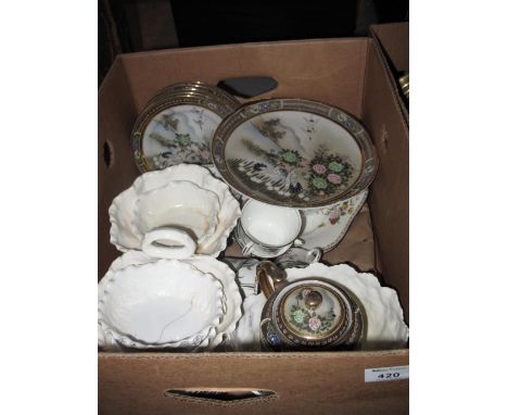 Tray of assorted china to include Japanese Samurai plates and tea pot, Aynsley floral tea ware, Spode Copelands china lettuce