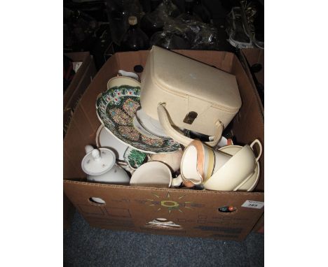 Box of assorted china to include Susie Cooper two handled bowls, continental floral teapot, floral butterdish, other jugs and