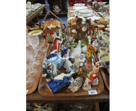 Tray of mainly continental ceramic figures and animals to include recumbent zebra, rabbits, figurines, Nao geese, clown USSR 