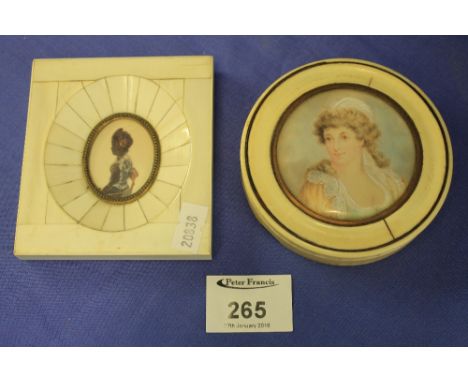 Silhouette portrait of a female in piano key frame together with circular ivory box and cover with hand-painted portrait of a