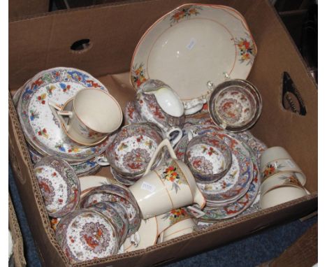 Box of assorted teaware items to include: Art Deco floral design; Staffordshire floral teaware, to include: cups; saucers; pl