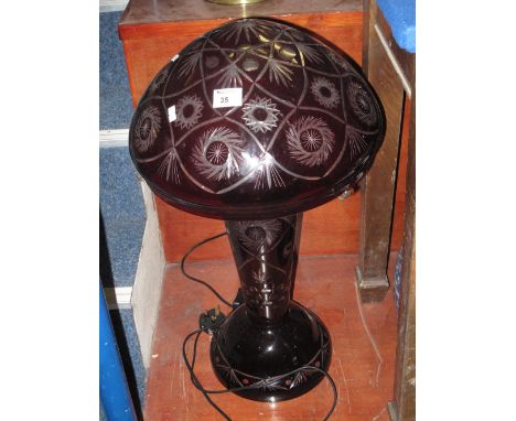 Large ruby flash cut table lamp with mushroom shade. CONDITION REPORT: Overall appears in good condition.  Not tested if work