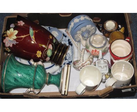 Tray of assorted china to include Carlton Ware, ruby ground lustre vase decorated with birds amongst foliage, Wedgewood blue 