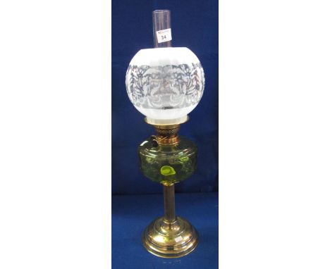 20th Century, British made, brass double burner oil lamp with etched shade in clear glass funnel.