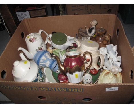 Box of assorted china to include various continental figures, midwinter tea pot pottery pedestal bowls, Rutherfords Glasgow w