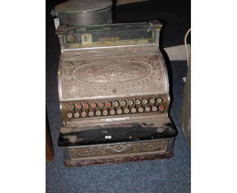 National Daton of Ohio USA vintage brass repousser cash register ornately decorated overall.