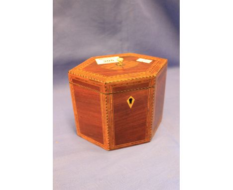 19th Century hexagonal, inlaid mahogany single section tea caddy with interior fitted lid and ivory knops.