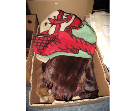 Vintage Welsh flag together with various fur stoles etc. 