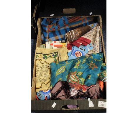 Box of assorted vintage irish cotton  table wares, tea cloths, vintage scarves, handkerchiefs, blankets etc.